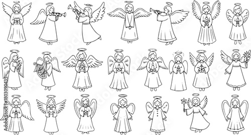 Cute Hand-Drawn Christmas Angels Set - Outline Vector Illustration with Wings and Halos