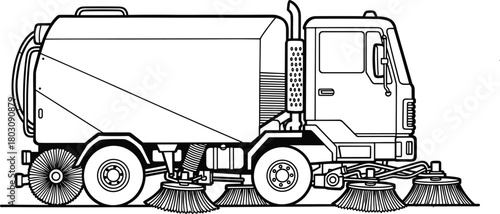 Black and white line art of a street sweeper truck, a municipal cleaning vehicle with brushes, isolated side view vector illustration for coloring.