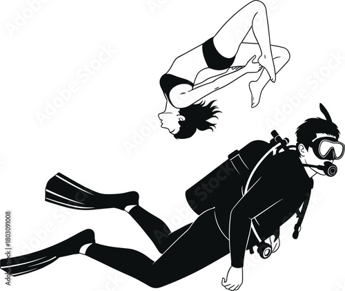 Black and white vector illustration of a male scuba diver in full gear and a woman in a bikini swimming or free-diving underwater.