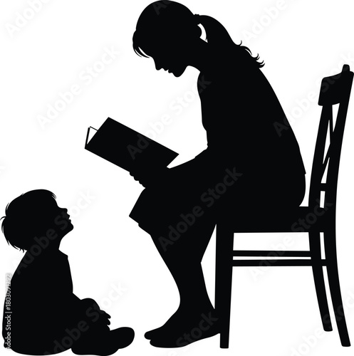 Black silhouette of a mother sitting on a chair, reading a storybook to her young son, who sits on the floor looking up, isolated vector.