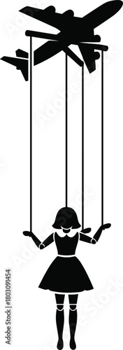 Black silhouette of girl controlled by airplane strings, symbolic marionette concept in minimalist artistic style