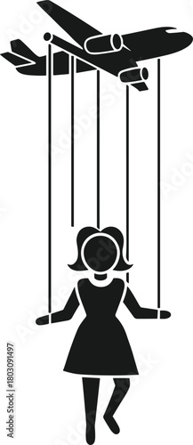 Black silhouette of marionette girl controlled by airplane strings, symbolic concept of manipulation and external influence