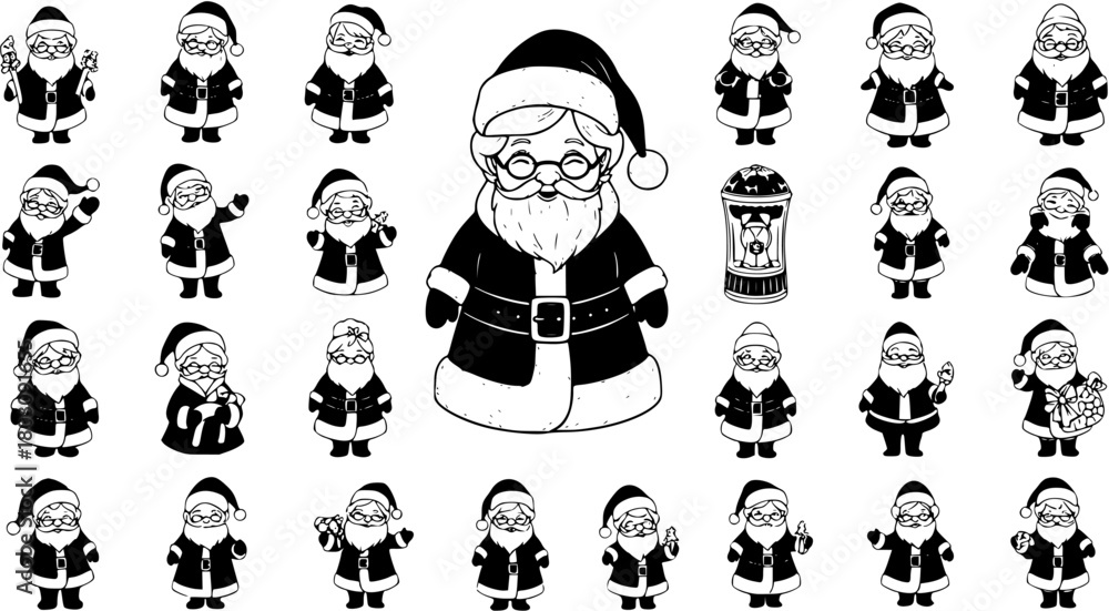Fototapeta premium Cute Cartoon Santa Claus Characters Collection - Black and White Hand-Drawn Christmas Icons Set with Various Poses and Expressions
