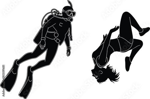 Black silhouette vector set, featuring a male scuba diver in full gear and a woman free-diving or swimming underwater, isolated.