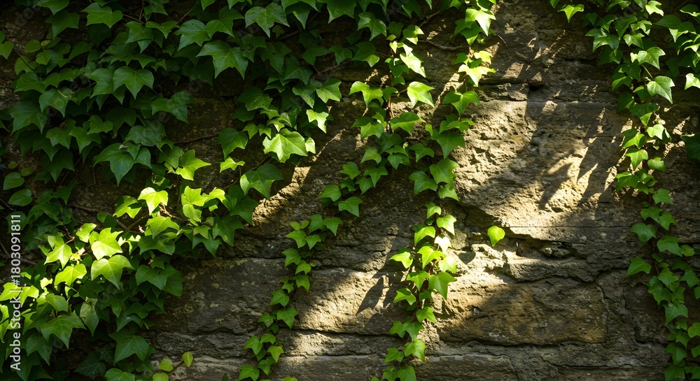 Obraz premium Ivy leaves trail down a textured stone wall with sunlight casting sharp shadows