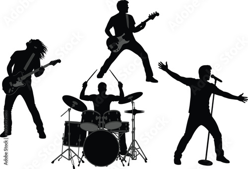 Collection of energetic rock band silhouettes, featuring a lead singer, drummer, and two guitarists playing, jumping, and headbanging.