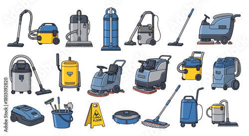 A collection of various cleaning equipment illustrations, including different types of vacuum cleaners, floor scrubbers, a mop, and a wet floor sign.