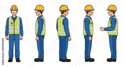 A worker in blue overalls, safety vest, hard hat, and goggles shown from multiple angles: front, side, and three-quarters view.