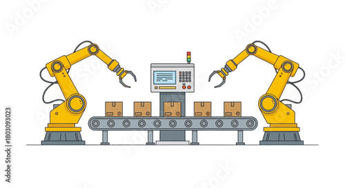 Illustration of a conveyor belt with boxes being processed by two yellow robotic arms, controlled by a central machine panel.