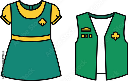 Girl Scout dress and vest with trefoil emblem and badges, cartoon-style illustration showing uniform styles and insignia placement