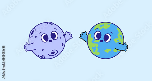 Cute cartoon illustration of the earth and moon characters reaching toward each other in a friendly outer space scene