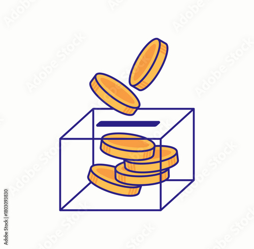 Gold coins falling into a clear donation box. The clean lines and bright colors create a friendly and modern financial concept. Perfect for charity campaigns, savings themes, fundraising visuals