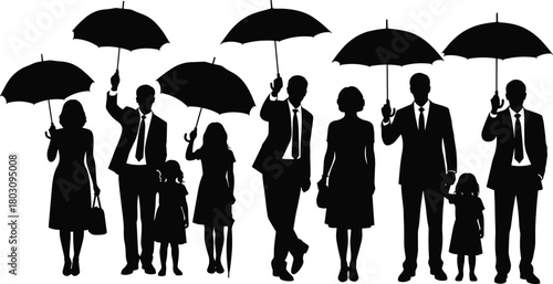 Silhouette of adults and children standing with umbrellas in row, black and white illustration symbolizing protection and unity