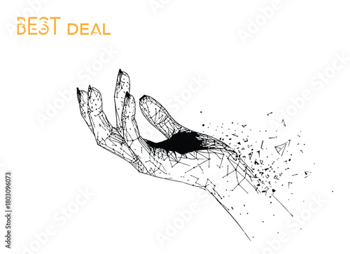 Wireframe Hand Dissolving into Geometric Particles with Best Deal Text breaking apart