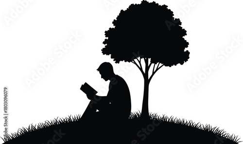 Silhouette of person reading under tree on grassy hill, peaceful nature scene in black and white illustration