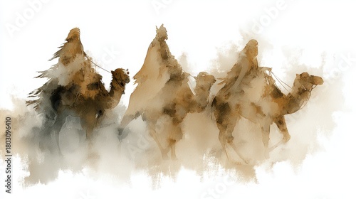 Three wise men journey through desert on camels in artistic beige tones