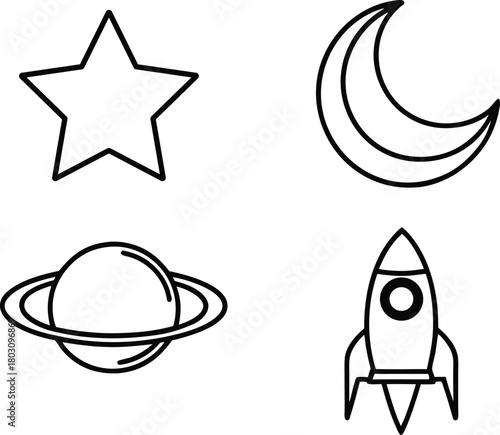 Black Outline Space Icons Star Moon Planet Rocket on White Background celestial