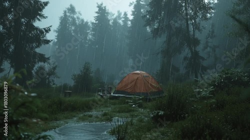 Cinematic Storm Drenched Wilderness Campsite as Heavy Rain Pours Over Tents in a Remote Outdoor Adventure Setting with Dramatic Skies, Moody Atmosphere, Soaked Fabric, and Intense Weather Immersion