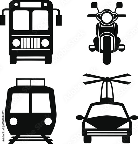 Black silhouette icons of bus train scooter and helicopter on white background transportation