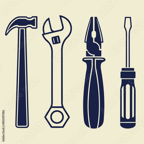 Dark blue silhouette of hammer adjustable wrench pliers and screwdriver on cream background tool