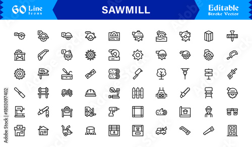 Sawmill And Lumber Industry Line Icon Set – Professional, Modern, Minimal, And Pixel Perfect Woodcutting Symbols