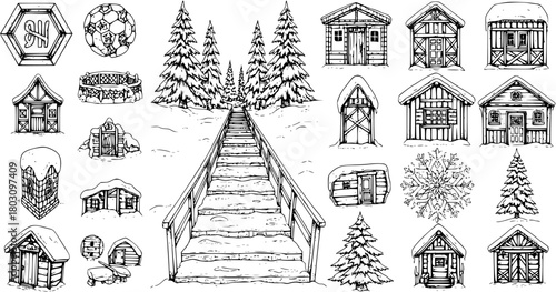 Black and white hand-drawn winter fantasy collection featuring snowy cabins, pine trees, a long wooden staircase, and decorative elements like a snowflake and emblem.
