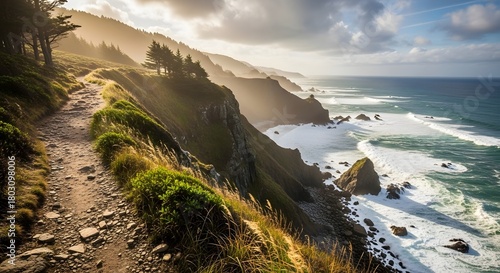 Fototapeta Naklejka Na Ścianę i Meble -  Golden hour sunbeams grace a winding coastal path overlooking the ocean and waves