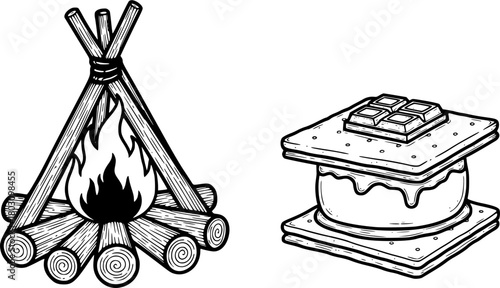 Campfire marshmallow and s'mores illustrations
