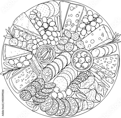 Gourmet cheese and cured meat platter with grapes
