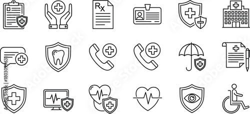 Medical insurance and healthcare line icons set, protection, hospital, dental, vision, and pharmacy symbols vector.