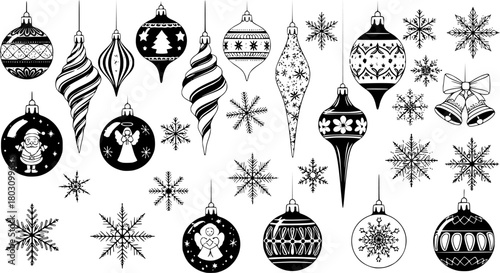 Collection of vintage Christmas tree ornaments and snowflakes
