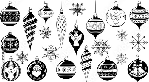 Collection of vintage Christmas tree ornaments and snowflakes
