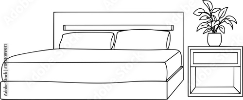 Minimalist line drawing of a bed and nightstand with plant
