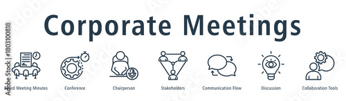 Corporate meetings web banner icon vector illustration concept with icon of board meeting minutes, chairperson, stakeholders, communication flow, discussion, conference, and collaboration tools.