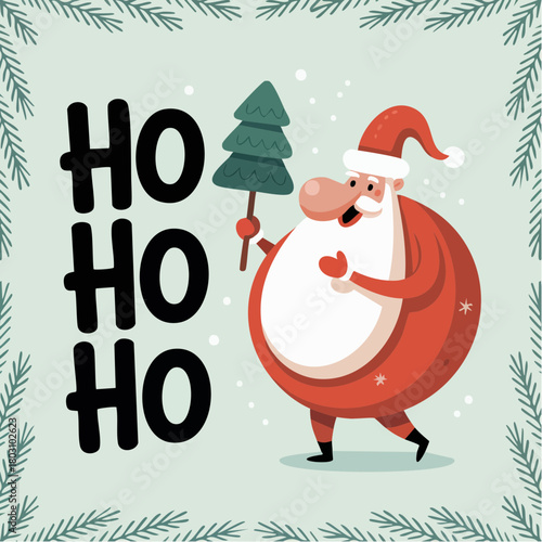 ho-ho-harmony: rounded santa with pine sprig, treelet, jolly chest and evergreen chorus