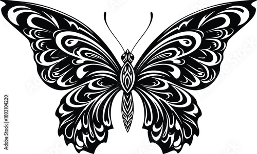 Black and white tribal style butterfly graphic with ornate wing patterns insect tattoo
