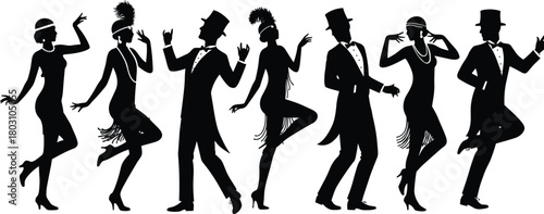 Black silhouettes of flapper dancers and men in tuxedos dancing on white background