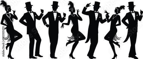 Black silhouettes of flapper women and men in formal wear dancing black and white