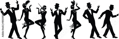 Black silhouettes of men in tuxedos and women in flapper dresses dancing black and white