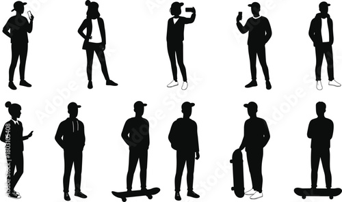 Collection of black silhouettes of people in various poses and activities woman standing