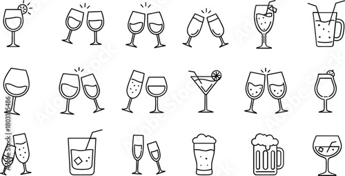 Collection of line art icons depicting various alcoholic and non-alcoholic beverages and toasting glasses