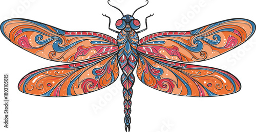 Ornate Dragonfly Illustration with Swirling Patterns in Blue Orange and Pink insect