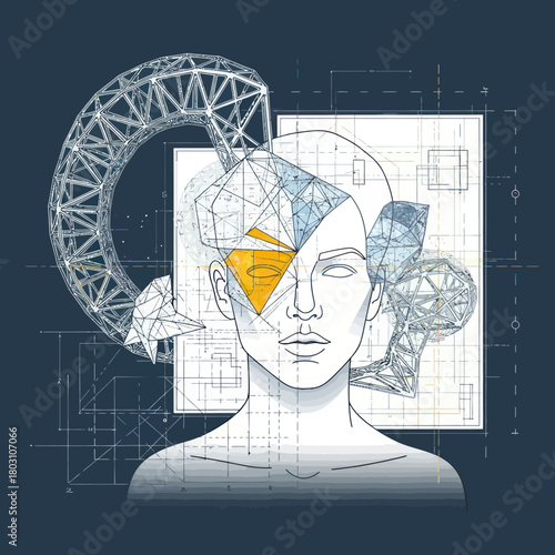 Abstract Portrait of a Woman with Geometric and Architectural Elements.