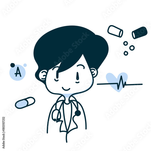 cute kid doctor with vitamin heart stethoscope icon in hand drawn style