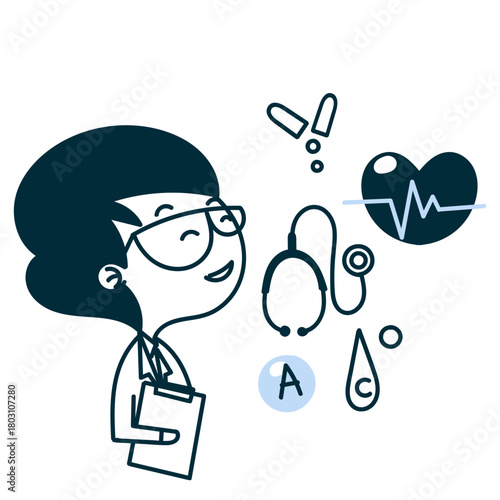 cute kid doctor with vitamin heart stethoscope icon in hand drawn style