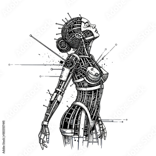 Intricate black and white line art of a futuristic female cyborg.