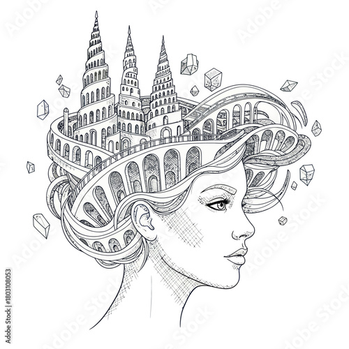 Womans head with architectural structures and bridges as a crown.