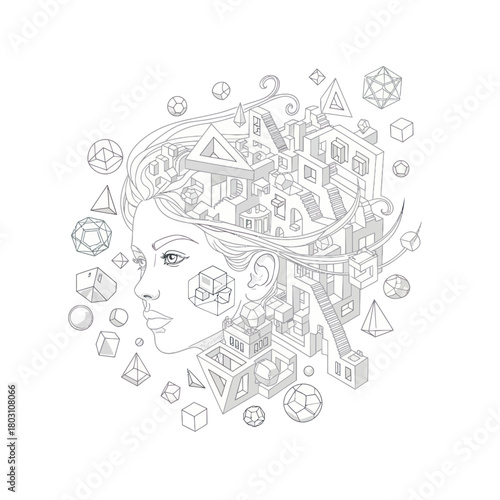 Intricate Geometric Mindscape of a Womans Profile.
