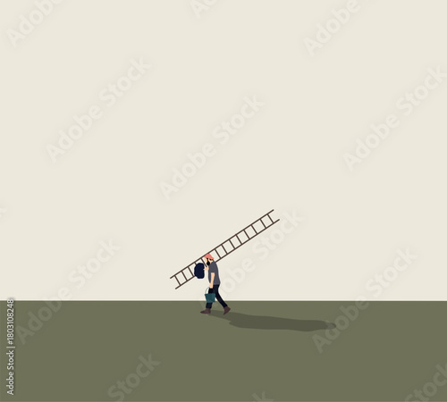Construction man carrying ladder and builder equipment. Renovation, maintenance, repairs concept