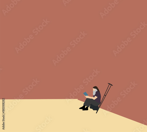 Homeless elderly man sitting with Crutches on street. Poor man depression concept. Urban lifestyle. 
